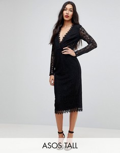 Кружевное платье-футляр миди с длинными рукавами ASOS TALL-Черный