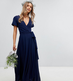 Платье макси с запахом, поясом на завязке и пышными рукавами TFNC-Темно-синий