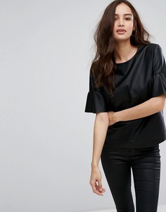 Топ из искусственной кожи с оборками на рукавах Only-Черный