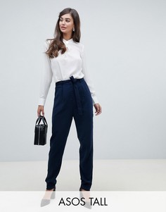 Брюки со складками и поясом оби ASOS DESIGN Tall-Темно-синий