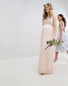Платье макси с отделкой пайетками на лифе TFNC Maternity-Розовый