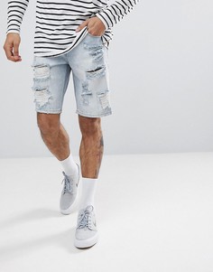 Светлые джинсовые шорты слим с рваной отделкой ASOS-Синий