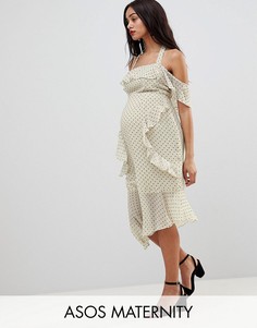 Платье-футляр миди в горошек с оборками ASOS DESIGN Maternity-Белый