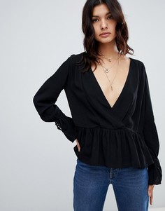 Oversize-блузка с длинными рукавами, запахом и асимметричным краем ASOS DESIGN-Черный