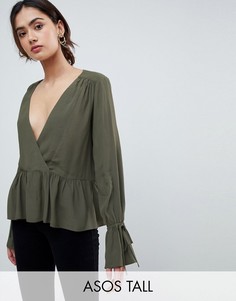 Oversize-блузка с запахом и асимметричным краем ASOS DESIGN TALL-Зеленый