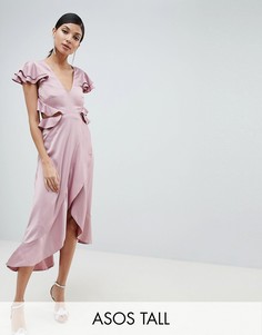 Платье миди с оборками и вырезом на спине ASOS DESIGN Tall-Розовый