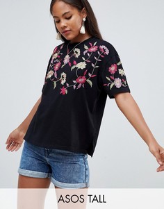 Футболка с вышивкой на кокетке ASOS TALL-Черный