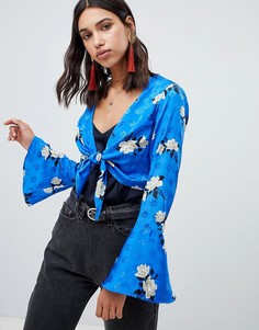 Жаккардовый лонгслив с цветочным принтом и завязкой спереди ASOS DESIGN-Мульти