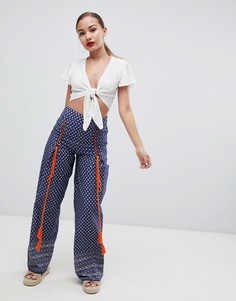 Свободные брюки с принтом пейсли и шнуровкой с кисточками Glamorous-Синий