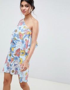 Платье на одно плечо с винтажным цветочным принтом ASOS DESIGN-Мульти