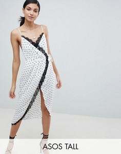 Платье миди в горошек с запахом и кружевной отделкой ASOS DESIGN Tall-Белый