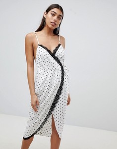 Атласное платье миди с запахом в горошек ASOS DESIGN-Белый