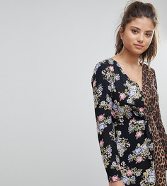 Платье мини с глубоким вырезом, цветочным и леопардовым принтом Missguided-Черный
