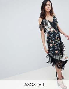Платье миди с бахромой и комбинированным цветочным принтом ASOS DESIGN Tall-Мульти
