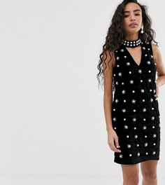 Бархатное платье с отделкой искусственным жемчугом River Island Petite-Черный
