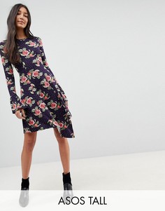 Платье мини в горошек с цветочным принтом и оборками на манжетах ASOS TALL-Мульти