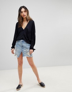 Состаренная свободная джинсовая юбка с разрезом Free People-Синий