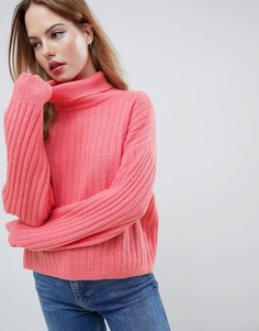 Пушистый джемпер в рубчик с отворотом ASOS DESIGN-Розовый