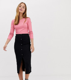 Юбка миди в рубчик с кнопками ASOS DESIGN Petite-Черный