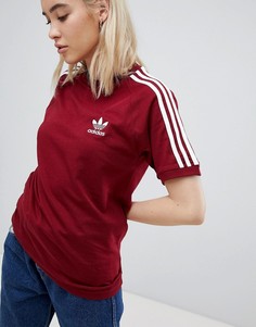 Бордовая футболка с 3 полосками adidas Originals-Красный