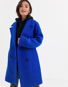 Фактурное двубортное пальто ASOS DESIGN-Синий