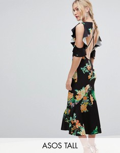 Платье миди с цветочным принтом, открытыми плечами и баской ASOS DESIGN Tall-Мульти