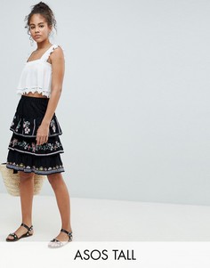 Ярусная мини-юбка с вышивкой ASOS DESIGN Tall-Черный