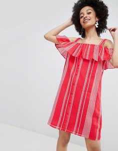 Красное платье мини на пуговицах в полоску с вырезами на плечах Only-Красный