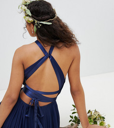 Плиссированное платье макси с перекрестной отделкой и бантом на спине TFNC Tall Bridesmaid-Темно-синий