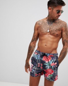 Короткие шорты для плавания в клетку с цветочным принтом ASOS DESIGN-Черный