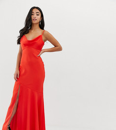 Атласное платье-комбинация макси с драпированным вырезом ASOS DESIGN Petite-Оранжевый