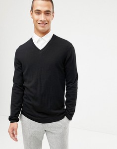 Черный джемпер из мериносовой шерсти с V-образным вырезом ASOS DESIGN