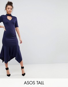 Платье миди с высоким воротом и оборкой ASOS TALL-Темно-синий
