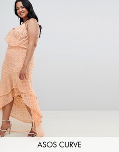 Асимметричное платье макси с оборками и вышивкой ришелье ASOS DESIGN Curve-Желтый