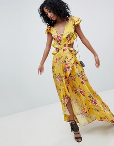 Желтое платье макси с цветочным принтом, открытой спиной и оборками ASOS DESIGN-Мульти