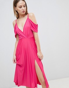 Плиссированное платье миди с открытыми плечами ASOS DESIGN-Розовый