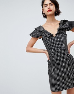 Облегающее платье мини в горошек с оборками на плечах River Island-Белый