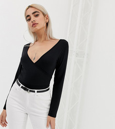 Черное боди с глубоким вырезом и запахом ASOS DESIGN Petite-Черный