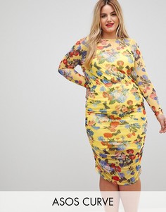 Сетчатое платье-футляр с цветочным принтом ASOS CURVE-Мульти