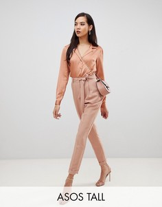 Брюки со складками и поясом оби ASOS DESIGN Tall-Светло-бежевый