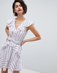 Розовое платье мини в полоску с оборками и поясом Vero Moda-Розовый