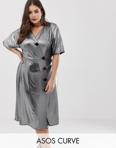 Чайное платье миди с эффектом металлик и металлическими пуговицами ASOS DESIGN Curve-Серебряный