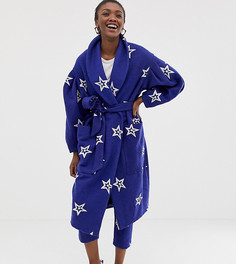 Пальто из материала с добавлением шерсти и вышивкой в виде звезд ASOS MADE IN KENYA-Синий