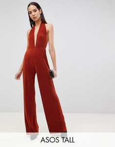 Комбинезон-халтер с глубоким вырезом и плиссировкой ASOS DESIGN Tall-Коричневый