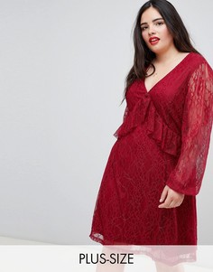 Кружевное короткое приталенное платье с длинными рукавами Junarose-Красный