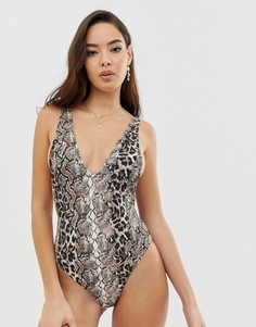 Слитный купальник с глубоким вырезом и змеиным принтом Missguided-Золотой