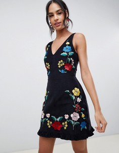 Вельветовое платье мини с цветочной вышивкой ASOS DESIGN-Черный
