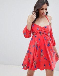Платье с открытыми плечами, пышными рукавами и цветочным принтом ASOS DESIGN-Мульти