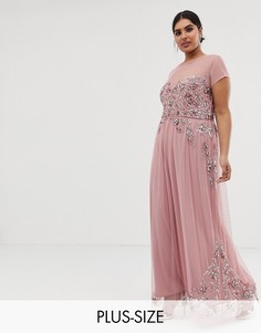 Премиум-платье макси со сплошной декоративной отделкой и сетчатыми рукавами Maya Plus-Розовый
