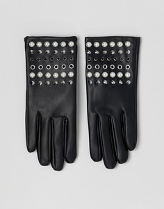 Перчатки в кожаном стиле с искусственным жемчугом и заклепками ASOS DESIGN-Черный